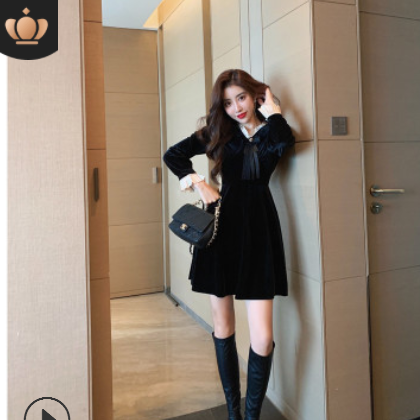 金絲絨連衣裙女2020秋季新款收腰顯瘦氣質(zhì)小黑裙時(shí)尚長(zhǎng)袖v領(lǐng)裙子