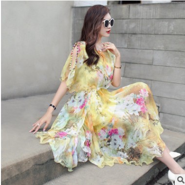 1823波西米亞長裙新款沙灘裙海邊度假女夏碎花加肥加大雪紡連衣裙