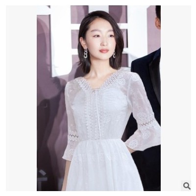 跨境女裝 趙麗穎海邊度假沙灘裙白色雪紡刺繡連衣裙8742