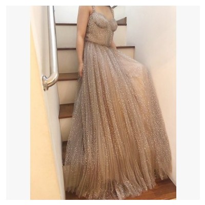 2020春女裝連衣裙重工閃閃亮片刺繡網(wǎng)紗壓褶女神吊帶星空禮服8647