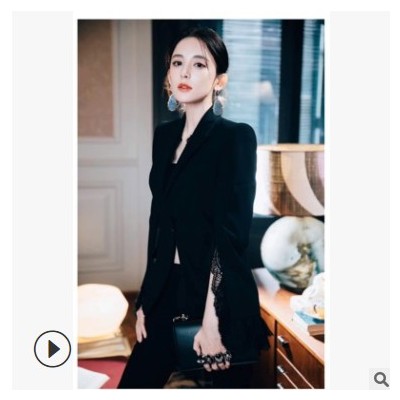 古力娜扎20201春季輕熟職業(yè)女裝蕾絲拼接黑色時(shí)尚西裝套裝女8897