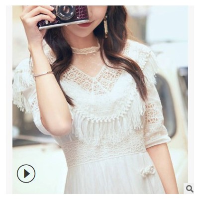 2021春季新款女裝森女風(fēng)刺繡民族風(fēng)法式度假白色流蘇連衣裙8724