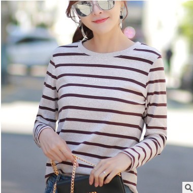 長袖t恤女裝寬松韓版打底衫秋季2020新款條紋秋裝上衣服潮