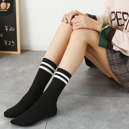 秋冬新品女襪 日系二條杠棉質中筒襪 雙針學院風女士堆堆襪子批發