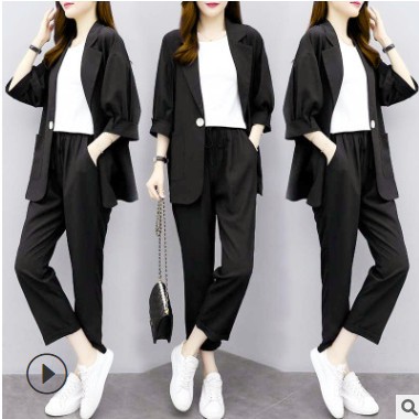 西裝套裝女2021年春裝新款韓版寬松時尚休閑網紅小西服外套兩件套