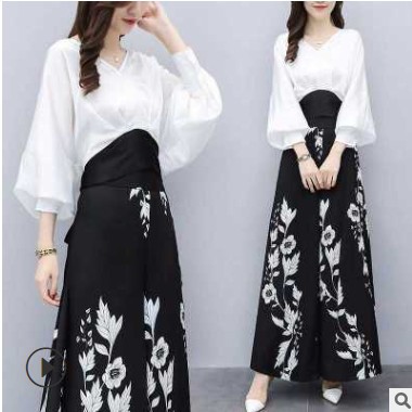 套裝女2021春季新款韓版雪紡網紅時尚休閑顯瘦氣質兩件套高腰裙褲