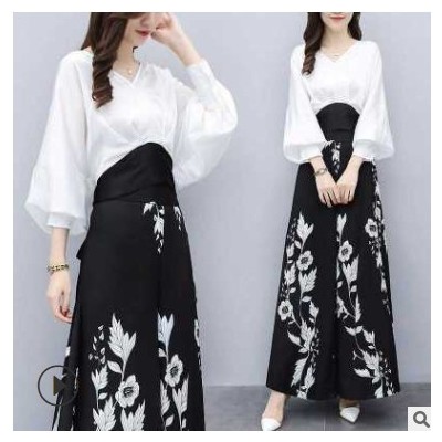 套裝女2021春季新款韓版雪紡網紅時尚休閑顯瘦氣質兩件套高腰裙褲