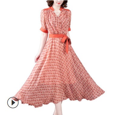 碎花連衣裙女氣質2021年夏季新款長款過膝顯瘦收腰雪紡大擺長裙子