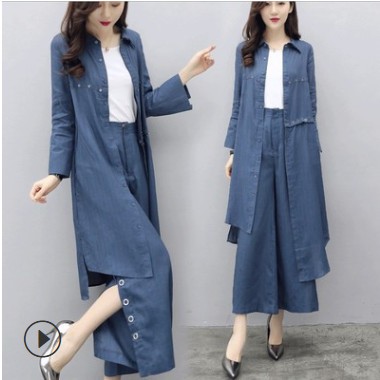 女士春裝2020新款時尚套裝休閑牛仔兩件套不規則襯衫闊腿褲氣質潮