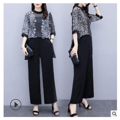 2021新款女裝春季大碼三件套褲雪紡上衣吊帶闊腿褲休閑時尚套裝女