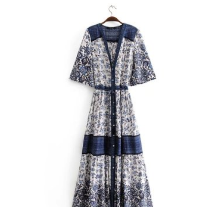 2018歐美風春夏女裝新款批發人棉定位花中長款長袖連衣裙