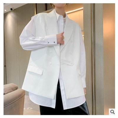 春季開衫棉純色氣質(zhì)通勤雙排扣馬甲白色鏤空西裝領(lǐng)中長款韓版背心