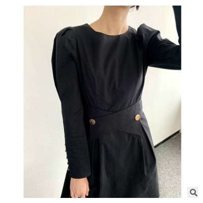 預售夏長袖氣質短裙套頭黑色氣質通勤寬松收腰純色連衣裙子