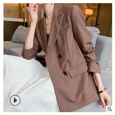 夏季休閑英倫風復古韓版七分袖雙排扣棕色純色粘纖西裝領外套