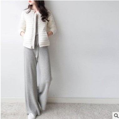 羊毛混紡2021春季女裝闊腿褲外穿針織系帶松緊高腰直筒褲休閑長褲