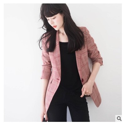 格子西裝外套女秋修身顯瘦優(yōu)雅氣質(zhì)休閑百搭英倫風(fēng)長(zhǎng)袖小西服上衣