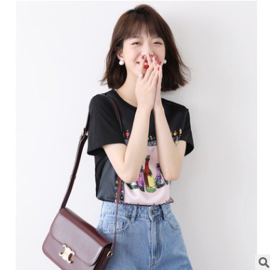 輕奢真絲印花短袖t恤女2021年新款寬松韓版打底白色夏季圓領(lǐng)