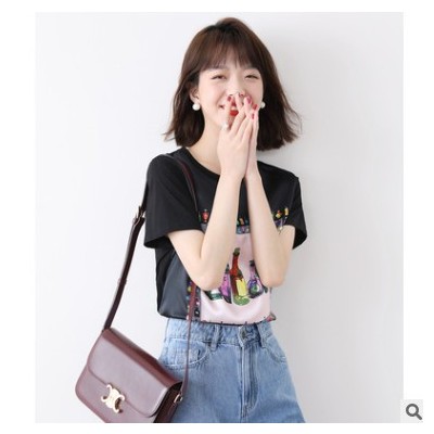 輕奢真絲印花短袖t恤女2021年新款寬松韓版打底白色夏季圓領(lǐng)