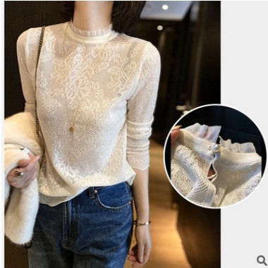 2021年早春裝新款女很仙的別致設(shè)計感小眾白色蕾絲衫打底襯衫上衣