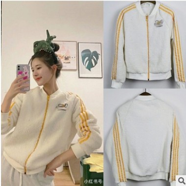 2021明星趙露思同款2021冬白色撞色羊羔毛減齡寬松運動夾克外套女