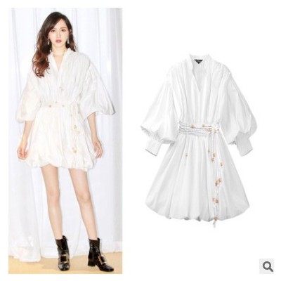 20212021夏新連衣裙 明星唐嫣同款領燈籠袖繩帶收腰顯瘦花苞裙女