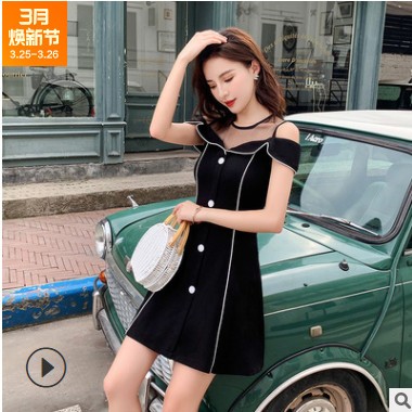 2021夏季新款韓版收腰顯瘦圓領短袖小黑裙洋氣簡約連衣裙女潮