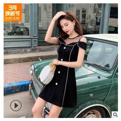 2021夏季新款韓版收腰顯瘦圓領短袖小黑裙洋氣簡約連衣裙女潮