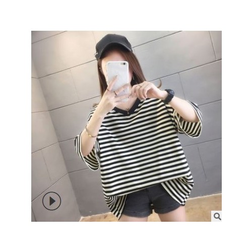 夏季260斤特大碼女裝純棉條紋短袖t恤女加肥加大200斤胖mm上衣女