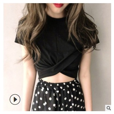 2021夏季新款韓版純色打底衫漏肚臍短袖上衣女修身顯瘦短T恤女潮