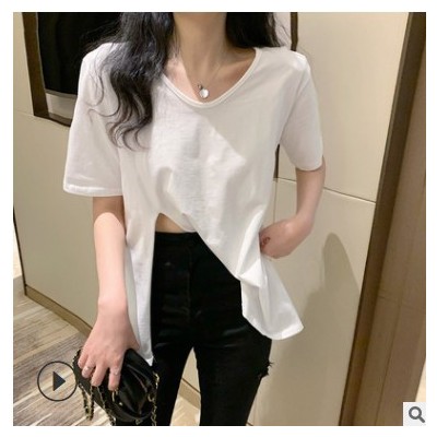 夏季女裝T恤2021新款韓版設計側開叉純色短袖t恤女V領寬松上衣潮