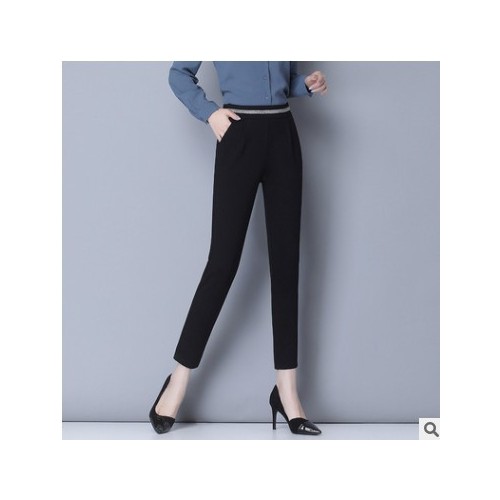 2021夏季直筒型無腰帶高腰黑色花苞褲子直筒長褲氣質通勤運動褲