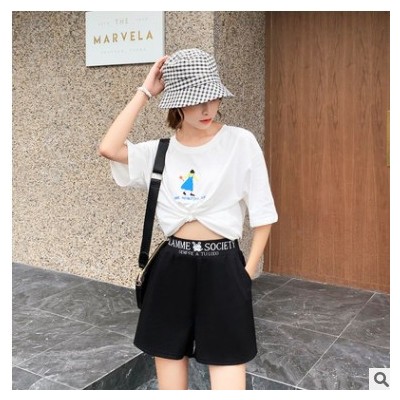 夏短褲高腰氣質通勤無腰帶外貿黑色棉闊腿褲寬松型薄款褲子