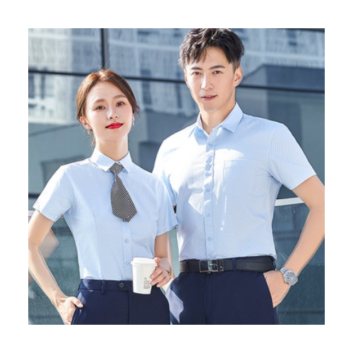 職業(yè)套裝短袖藍斜紋襯衣男女同款夏季襯衫銷售工裝工作服刺繡LOGO