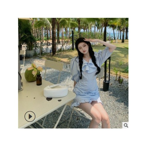 渡假約會連衣裙2021夏新款泡泡短袖高腰褶皺修身荷葉邊法式包臀裙