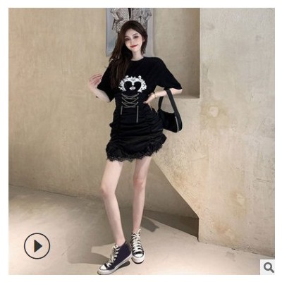 時(shí)尚氣質(zhì)休閑女裝夏新款復(fù)古印花短袖T恤蕾絲邊高腰修身包臀半裙