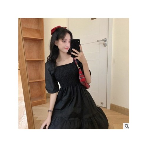 法式方領(lǐng)泡泡短袖連衣裙女春秋裝2021新款收腰顯瘦中長款小黑裙子