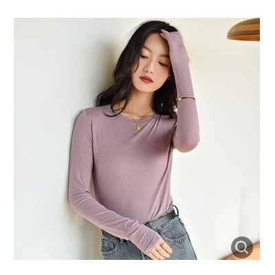 定做莫代爾打底衫長袖女春新款大碼薄款圓領修身內搭純色休閑T恤