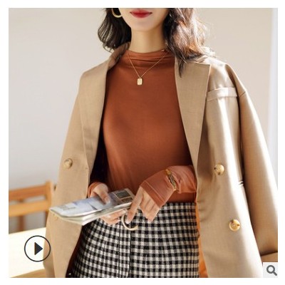 女裝長袖t恤內搭2021春季款莫代爾半高領打底衫純色修身外穿上衣