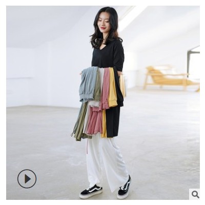 冰絲闊腿褲女高腰垂感2021春夏新款韓版休閑直筒褲柔軟寬松拖地褲