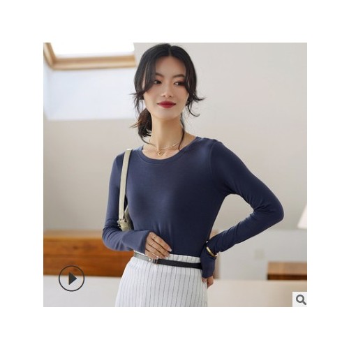 莫代爾打底衫長袖女2021春新款大碼薄款圓領修身內搭純色休閑T恤