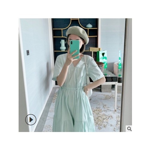 可代發2021夏季清爽薄荷繩子 V領收腰連衣裙桔梗小清新氣質裙子