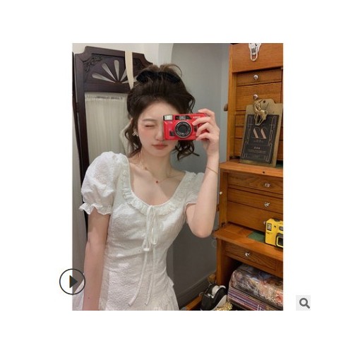 法式白色刺繡連衣裙子女2021新款時尚春夏簡約泡泡袖收腰A字短裙