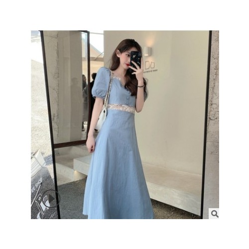 女裝 2021夏季新款女法式茶歇方領(lǐng)藍(lán)色半身裙夏a字連衣裙chic裙子