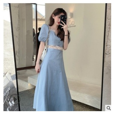 女裝 2021夏季新款女法式茶歇方領(lǐng)藍(lán)色半身裙夏a字連衣裙chic裙子
