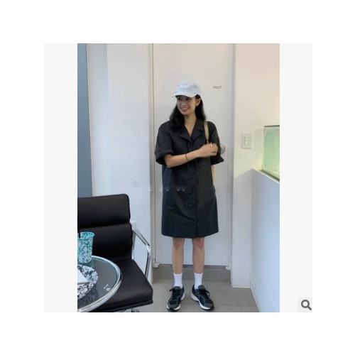 【5天】21夏季韓國東大門休閑風工裝雙口袋系扣襯衫連衣裙