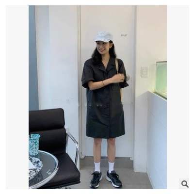 【5天】21夏季韓國東大門休閑風工裝雙口袋系扣襯衫連衣裙