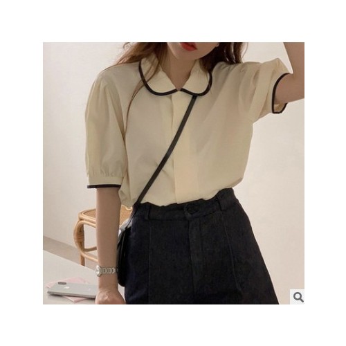 【預(yù)售】2021年夏新款韓國東大門減齡可愛拼色翻領(lǐng)泡泡短袖襯衫女