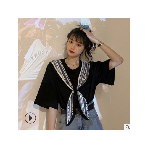 復古文藝絲巾假兩件短袖恤女春夏裝學院風大碼顯瘦百搭半袖上衣【