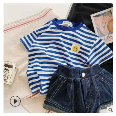 親子裝春夏 韓國男女童中小童條紋笑臉海軍風柔軟棉質短袖恤【5月