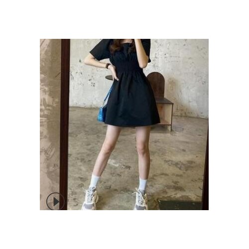 夏季2021新款復古法式方領收腰顯瘦小個子白色短袖連衣裙仙女裙子